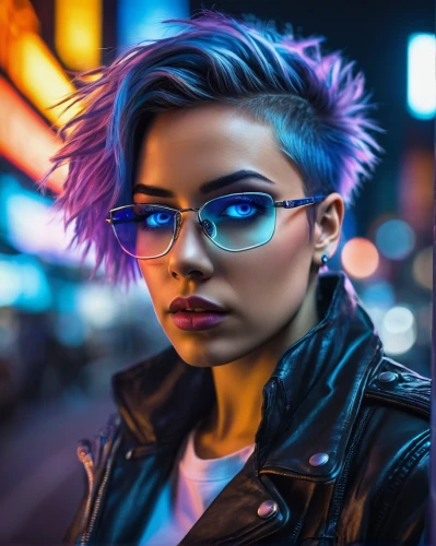 cyberpunk,cyber glasses,punk,ultraviolet,mohawk,80s,retro woman,color glasses,pompadour,retro girl,futuristic,retro styled,indigo,neon light,blue hair,neon lights,violet,neon,grunge,smart look,Photography,Documentary Photography,Documentary Photography 38