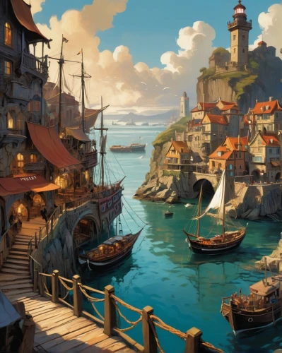 harbor,caravel,fishing village,fantasy landscape,harbour,seaport,world digital painting,boat harbor,sea fantasy,port,waterfront,fantasy art,boat landscape,sea landscape,fantasy picture,monkey island,sea sailing ship,popeye village,waterglobe,docked,Conceptual Art,Oil color,Oil Color 04