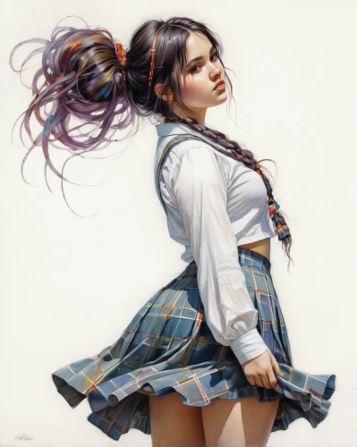 twirling,young woman,girl portrait,watercolor pin up,light plaid,pinup girl,mystical portrait of a girl,portrait of a girl,twirl,twirls,girl in a long,fantasy art,pin-up girl,a girl in a dress,fashion illustration,vanessa (butterfly),schoolgirl,little girl twirling,pin up girl,tartan colors,Illustration,Realistic Fantasy,Realistic Fantasy 15