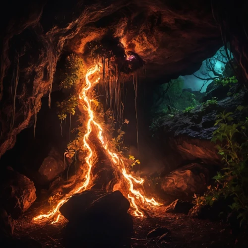 lava cave,lava tube,burning tree trunk,fire background,chasm,volcano,pillar of fire,embers,dancing flames,lava,firethorn,forest dragon,campfire,fire mountain,fire ring,volcanic,flame vine,forest fire,fissure vent,fire wood,Photography,Artistic Photography,Artistic Photography 04