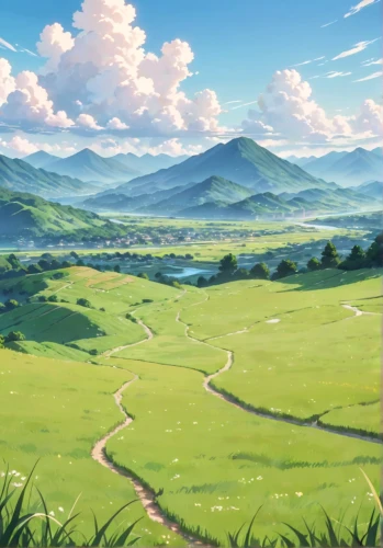 landscape background,rolling hills,yamada's rice fields,salt meadow landscape,green valley,grasslands,grassland,clover meadow,meadow landscape,valley,mountain valley,green fields,green meadow,mountain meadow,mountainous landscape,blooming field,rural landscape,hills,high landscape,mountain pasture,Anime,Anime,Traditional