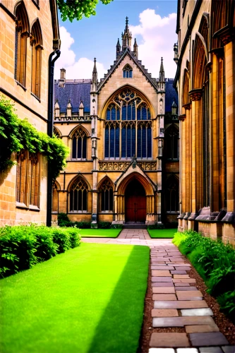 oxford,gothic architecture,usyd,buttress,green lawn,artificial grass,cloister,york,christ church,hogwarts,st mary's cathedral,lawn,courtyard,downton abbey,medieval architecture,gothic church,trinity college,the cathedral,music conservatory,english garden,Illustration,Japanese style,Japanese Style 03