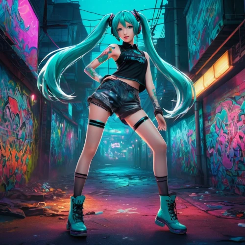 hatsune miku,miku,vocaloid,cyan,aqua,anime 3d,cyber,anime girl,wiz,alley,graffiti,colorful background,mikuru asahina,2d,would a background,background images,alleyway,nico,music background,teal blue asia,Illustration,Realistic Fantasy,Realistic Fantasy 33