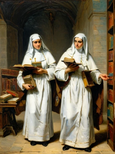 nuns,pilgrims,monks,carmelite order,clergy,children studying,parchment,carthusian,benedictine,bibliology,preachers,convent,e-book readers,scholar,bougereau,contemporary witnesses,candlemas,santons,nurses,two girls,Art,Classical Oil Painting,Classical Oil Painting 08