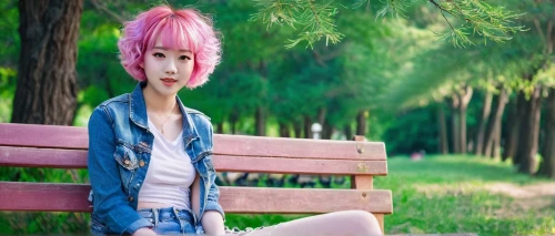 pink hair,anime girl,child in park,2d,anime 3d,park bench,sakura background,ganmodoki,japanese sakura background,chaoyang,pink green,natural pink,anime japanese clothing,girl in a long,in the park,bench,park akanda,pink grass,background bokeh,3d background,Illustration,Realistic Fantasy,Realistic Fantasy 37