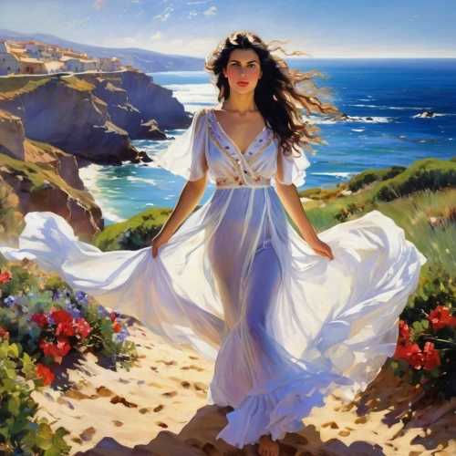 girl in a long dress,girl on the dune,landscape background,romantic portrait,art painting,fantasy picture,fantasy art,sea landscape,oil painting,celtic woman,sea breeze,coastal landscape,oil painting on canvas,italian painter,girl in white dress,beach landscape,by the sea,landscape with sea,gracefulness,young woman,Photography,General,Realistic