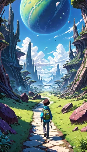 futuristic landscape,mushroom landscape,alien world,alien planet,planet,travelers,little planet,traveler,fantasy landscape,dream world,exploration,gas planet,world digital painting,fantasy world,wander,explorer,earth,cosmos field,wanderer,old earth,Anime,Anime,Traditional