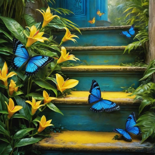 blue butterflies,butterfly background,ulysses butterfly,butterflies,blue butterfly background,chasing butterflies,blue morpho butterfly,blue morpho,blue birds and blossom,isolated butterfly,butterfly effect,butterfly isolated,steps,yellow butterfly,tropical butterfly,peacock butterflies,stairway,winding steps,oil painting on canvas,gatekeeper (butterfly),Conceptual Art,Fantasy,Fantasy 05