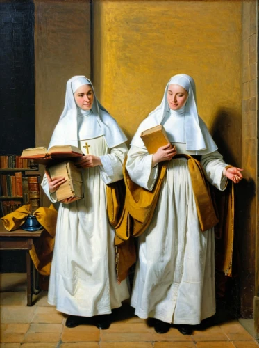 nuns,monks,pilgrims,clergy,preachers,contemporary witnesses,carmelite order,children studying,priesthood,carthusian,benedictine,musicians,parchment,convent,academic dress,disciples,santons,church painting,two girls,basset artésien normand,Art,Classical Oil Painting,Classical Oil Painting 07