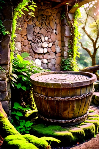 wishing well,garden pot,hobbiton,stone fountain,stone sink,japanese garden ornament,spa water fountain,old fountain,potter's wheel,golden pot,cauldron,mountain spring,water feature,water trough,stone oven,garden pond,bird bath,decorative fountains,magical pot,water mill,Illustration,Realistic Fantasy,Realistic Fantasy 39