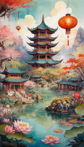 oriental painting,chinese art,chinese temple,dongfang meiren,chinese architecture,chinese background,oriental,luo han guo,hall of supreme harmony,chinese clouds,spring festival,water lotus,lotus pond,asian architecture,yunnan,khokhloma painting,guizhou,mid-autumn festival,tai qi,china,Conceptual Art,Oil color,Oil Color 18