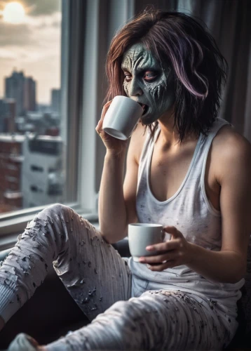 woman drinking coffee,depressed woman,tea zen,girl with cereal bowl,cosplay image,catrina calavera,cyberpunk,drinking coffee,halloween coffee,morning after,catrina,post apocalyptic,pollution mask,wearing a mandatory mask,stressed woman,detox,in the morning,morning haze,flu mask,with the mask,Illustration,Realistic Fantasy,Realistic Fantasy 47