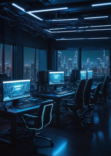 computer room,blur office background,the server room,modern office,computer workstation,working space,visual effect lighting,neon human resources,computer desk,offices,monitors,trading floor,cyber,cyberpunk,night administrator,cyberspace,desk,control center,monitor wall,cyber crime,Illustration,Realistic Fantasy,Realistic Fantasy 06