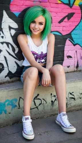 mini,mini e,pixie-bob,punk,skort,green,pixie,converse,teen,emo,grunge,blue hair,heather green,quirky,green background,jade,green skin,short,girl in t-shirt,roller skating,Illustration,Realistic Fantasy,Realistic Fantasy 22