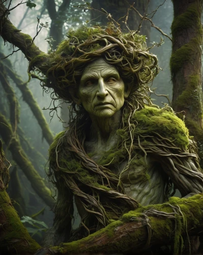 forest man,dryad,tree man,fae,faery,faerie,mother earth statue,mother nature,moss,shaman,druid,fantasy portrait,the enchantress,rusalka,mother earth,tree moss,hag,frankenstein,roots,tree crown,Art,Classical Oil Painting,Classical Oil Painting 21