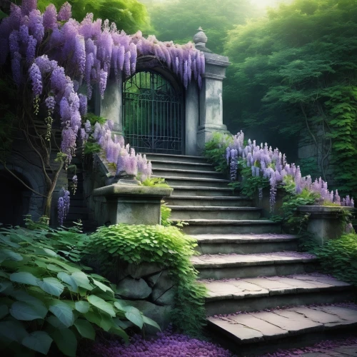 wisteria,japan garden,wisteria shelf,purple landscape,芦ﾉ湖,japanese shrine,beautiful japan,the mystical path,japan landscape,to the garden,purple wallpaper,purple hydrangeas,walkway,pathway,fairytale forest,winding steps,defense,spring in japan,wooden path,wall,Illustration,Realistic Fantasy,Realistic Fantasy 15