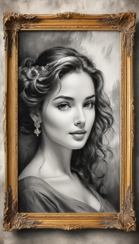 portrait background,custom portrait,romantic portrait,fantasy portrait,photo painting,world digital painting,mystical portrait of a girl,art painting,girl drawing,girl portrait,gothic portrait,antique background,celtic woman,artist portrait,charcoal drawing,digital painting,young woman,portrait of a girl,silver frame,digital art,Illustration,Black and White,Black and White 30