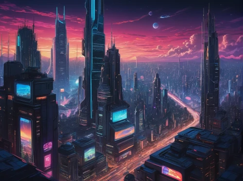 futuristic landscape,cityscape,cyberpunk,fantasy city,metropolis,colorful city,city skyline,futuristic,skyline,vast,city cities,evening city,city at night,skyscrapers,cities,above the city,the city,sky city,city view,skyscraper town,Illustration,Vector,Vector 02