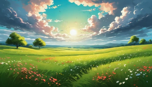 blooming field,sunburst background,landscape background,spring background,springtime background,meadow landscape,spring sun,dandelion background,dandelion field,meadow in pastel,flower field,summer meadow,dandelion meadow,bright sun,summer background,flower background,world digital painting,clover meadow,sun,flowers field,Conceptual Art,Daily,Daily 24