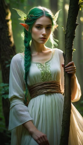 fae,faery,faerie,wood elf,dryad,elven forest,elven,ballerina in the woods,the enchantress,girl with tree,celtic queen,fairy peacock,green aurora,fairy tale character,fairy queen,mystical portrait of a girl,fantasy portrait,fairy forest,fantasy picture,elves,Illustration,Realistic Fantasy,Realistic Fantasy 32