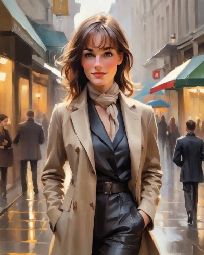 woman in menswear,city ​​portrait,world digital painting,oil painting on canvas,woman walking,oil painting,overcoat,businesswoman,trench coat,business woman,spy visual,italian painter,pretty woman,oil on canvas,spy,femme fatale,ann margarett-hollywood,black coat,woman shopping,parisian coffee,Digital Art,Impressionism