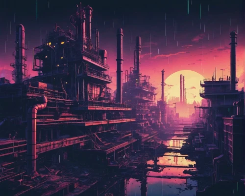 cyberpunk,industrial landscape,refinery,futuristic landscape,metropolis,dystopian,dystopia,industrial,fantasy city,cityscape,post-apocalyptic landscape,scifi,destroyed city,industrial area,tokyo city,industrial ruin,factories,dusk,post apocalyptic,shinjuku,Illustration,Vector,Vector 17