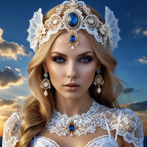 bridal jewelry,diadem,bridal accessory,bridal clothing,priestess,necklace with winged heart,blue enchantress,jessamine,the angel with the veronica veil,princess crown,headpiece,suit of the snow maiden,fantasy art,white rose snow queen,fantasy portrait,jeweled,celtic queen,fantasy picture,sun bride,bridal dress,Photography,General,Realistic