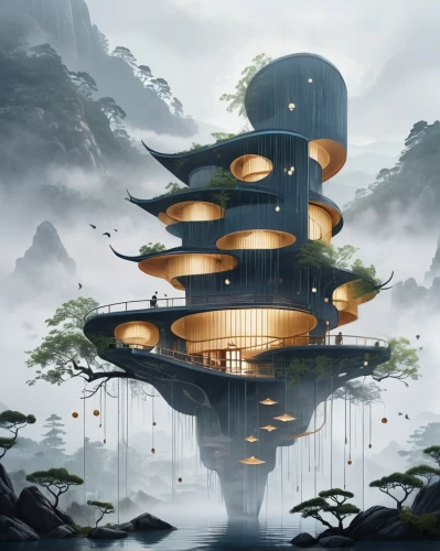 chinese architecture,asian architecture,japanese architecture,tree house,tree house hotel,floating island,futuristic architecture,silk tree,treehouse,ori-pei,floating islands,cube stilt houses,hanging temple,golden pavilion,mushroom landscape,pagoda,futuristic landscape,bird kingdom,mushroom island,sky apartment