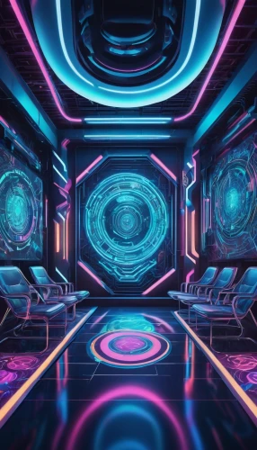 ufo interior,cinema 4d,3d background,cyberspace,abstract retro,80's design,fractal environment,spaceship space,computer art,electric arc,scifi,retro background,dimension,cyber,vapor,futuristic landscape,futuristic,cyclocomputer,orbital,mobile video game vector background,Illustration,Realistic Fantasy,Realistic Fantasy 39