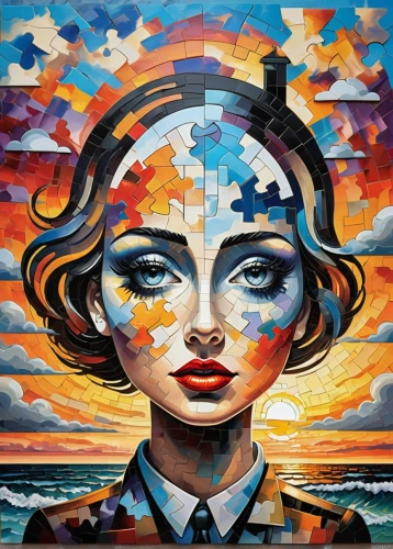 jigsaw puzzle,psychedelic art,head woman,cool pop art,david bates,oil painting on canvas,woman thinking,cubism,art painting,meticulous painting,girl-in-pop-art,pop art style,puzzle,effect pop art,pop art woman,italian painter,kaleidoscope art,checkered background,visual art,morning illusion,Conceptual Art,Oil color,Oil Color 24