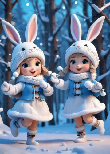 bunnies,rabbits,female hares,snow scene,christmas dolls,rabbits and hares,cute cartoon image,hares,rabbit family,winter background,white bunny,snow figures,white rabbit,christmas snowy background,cute cartoon character,christmas movie,easter rabbits,snowmen,little angels,snowballs,Unique,3D,3D Character