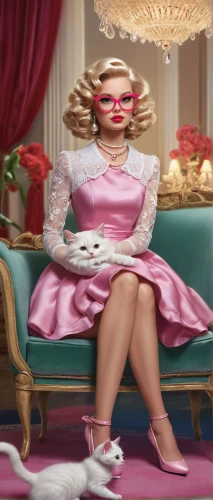 maraschino,pink glasses,girl with cereal bowl,barbie,pink lady,cinderella,mariah carey,retro christmas lady,pink round frames,pink shoes,masquerade,retro woman,crinoline,woman holding pie,queen of puddings,sugar paste,la violetta,pink chair,sofa,rococo,Illustration,Retro,Retro 16
