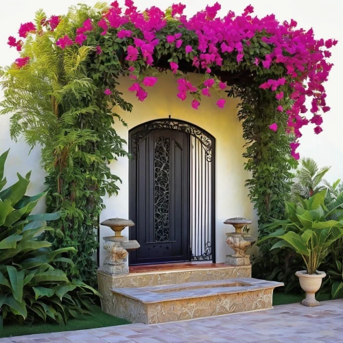 garden door,bougainvilleas,bougainvillea,bougainvillea azalea,front door,door wreath,pergola,flower wall en,ornamental dividers,flowering vines,wrought iron,home door,front gate,exterior decoration,iron door,house entrance,portal,doorway,rose arch,hacienda,Illustration,Abstract Fantasy,Abstract Fantasy 02