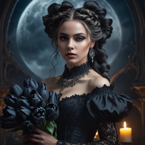 black rose,gothic portrait,gothic fashion,gothic woman,romantic portrait,victorian lady,fantasy portrait,gothic style,gothic dress,victorian style,mystical portrait of a girl,dark gothic mood,queen of the night,with roses,romantic rose,dark angel,lady of the night,romantic look,dark art,gothic,Photography,General,Fantasy