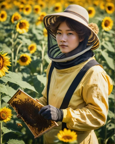 girl picking flowers,sunflower field,sunflower coloring,girl in flowers,beekeeper,sun flowers,picking flowers,farmworker,beekeeping,vietnamese woman,sunflowers,beekeepers,aggriculture,bee farm,farm girl,yellow sun hat,beekeeper plant,small sun flower,flower field,sun flower,Illustration,Retro,Retro 03