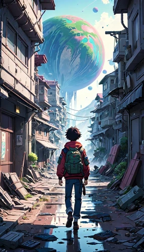 world digital painting,traveler,wanderer,studio ghibli,gunkanjima,travelers,traveller,gas planet,digital nomads,wander,digital painting,planet,post-apocalyptic landscape,post apocalyptic,digital,digital art,exploration,little planet,kids illustration,apocalyptic,Anime,Anime,Traditional