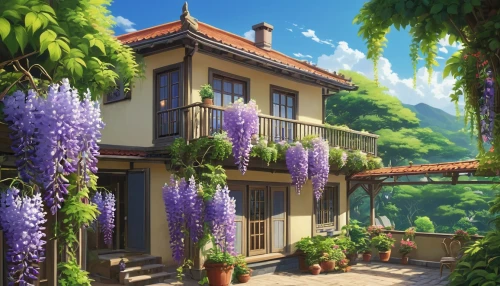 wisteria,beautiful home,violet evergarden,provence,studio ghibli,house in the mountains,wisteria shelf,roof landscape,house in mountains,summer cottage,private house,rapunzel,home landscape,holiday villa,idyllic,apartment house,balcony garden,lavendar,jacaranda,lilac arbor,Photography,General,Realistic