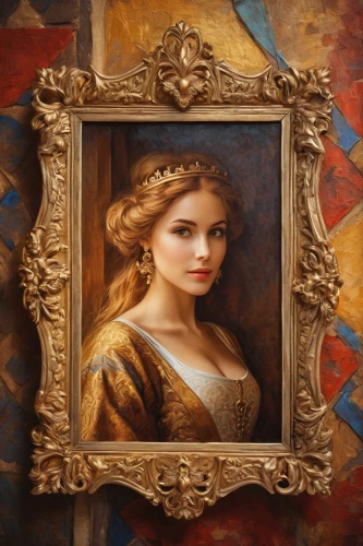 portrait background,fantasy portrait,romantic portrait,custom portrait,mona lisa,victorian lady,gold frame,golden frame,portrait of a girl,beautiful frame,rose frame,artist portrait,mary-gold,framed,gothic portrait,celtic queen,antique background,della,art nouveau frame,oil painting on canvas,Illustration,Realistic Fantasy,Realistic Fantasy 42