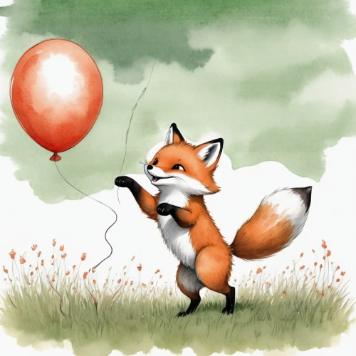 child fox,a fox,little fox,fox hunting,garden-fox tail,red balloon,watercolour fox,red fox,fox,cute fox,balloon,animal balloons,fox in the rain,adorable fox,redfox,ballooning,balloon trip,foxes,ballon,whimsical animals,Illustration,Paper based,Paper Based 30