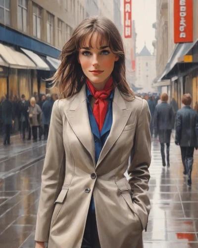 woman in menswear,woman walking,city ​​portrait,businesswoman,oil painting on canvas,business woman,menswear for women,fashion street,girl walking away,a pedestrian,pedestrian,overcoat,business girl,white-collar worker,oil painting,red coat,sprint woman,young model istanbul,world digital painting,women fashion,Digital Art,Poster