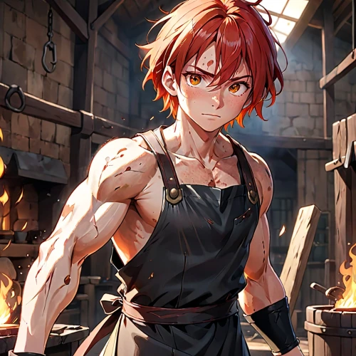blacksmith,fire master,fire background,red cooking,steelworker,clary,fire devil,forge,sleeveless shirt,tinsmith,ash,muscles,muscled,butler,adonis,muscular build,craftsman,muscle icon,fire fighter,cain,Anime,Anime,Traditional