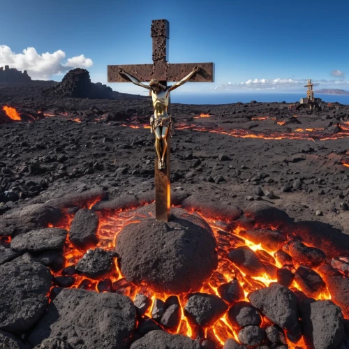 volcanic field,scorched earth,jesus cross,ascension island,the cross,wooden cross,summit cross,crosses,volcanic,volcanic landscape,petroglyph art symbols,volcanic rock,teide national park,the grave in the earth,lava balls,heaven and hell,mount etna,del tatio,lake of fire,the volcano,Photography,General,Realistic