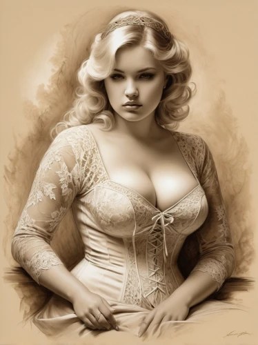 victorian lady,vintage woman,sepia,vintage female portrait,vintage drawing,vintage girl,blonde woman,marylyn monroe - female,emile vernon,retro pin up girl,vintage women,valentine pin up,corset,vintage angel,retro women,retro woman,pearl necklace,merilyn monroe,bodice,pin-up girl,Illustration,Black and White,Black and White 26