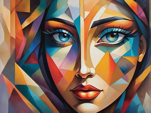 adobe illustrator,woman face,art deco woman,woman's face,women's eyes,art painting,vector graphics,facets,psychedelic art,abstract painting,cool pop art,glass painting,meticulous painting,wpap,oil painting on canvas,decorative figure,abstract artwork,cubism,pop art style,multicolor faces,Art,Artistic Painting,Artistic Painting 45