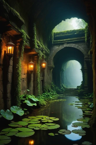 underground lake,cave on the water,fantasy landscape,underwater oasis,ancient city,canal tunnel,lotus pond,backwater,wishing well,underwater landscape,canals,the mystical path,lily pond,flooded pathway,water lilies,cave,world digital painting,pond,fantasy picture,water lotus,Art,Classical Oil Painting,Classical Oil Painting 28
