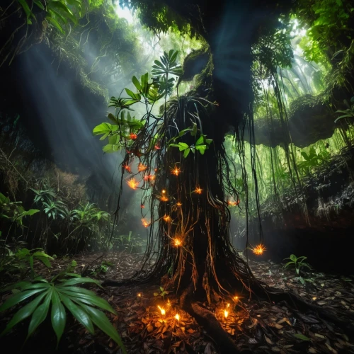 magic tree,enchanted forest,fairy forest,tree torch,forest tree,flourishing tree,celtic tree,burning tree trunk,tropical tree,fairytale forest,rain forest,rainforest,holy forest,tree of life,colorful tree of life,dryad,elven forest,the roots of trees,tree and roots,faery,Photography,Artistic Photography,Artistic Photography 04