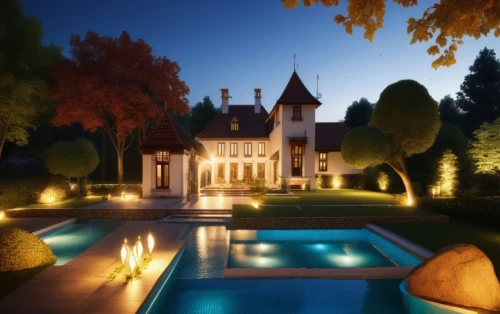 landscape lighting,chateau,chateau margaux,luxury property,luxury home,mansion,bendemeer estates,cognac,pool house,country estate,fairy tale castle,fairytale castle,burgundy wine,beautiful home,luxury real estate,country house,dunrobin,security lighting,gold castle,private house,Photography,General,Realistic