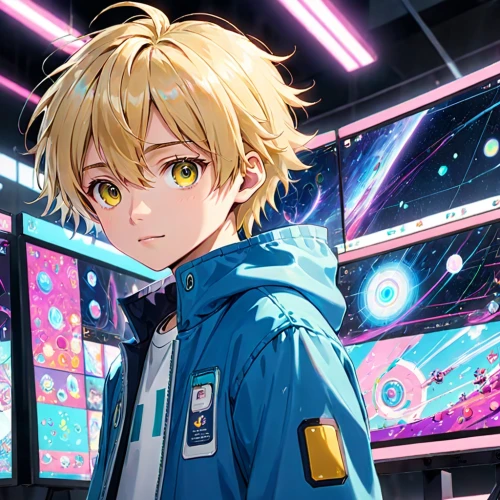 darjeeling,astronomer,anime boy,cg artwork,android,starry sky,everett,star sky,newscaster,colorful background,leo,kawaii boy,space,cyberspace,coder,cyber,north star,runaway star,universe,scifi,Anime,Anime,Traditional