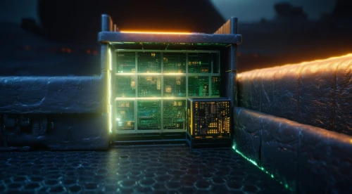 mausoleum ruins,illuminated lantern,3d render,apothecary,cosmetics counter,lantern,courier box,mining facility,vault,vitrine,miniature house,furnace,nightlight,ambient lights,vending machines,phone booth,collected game assets,research station,laboratory oven,cubic house,Photography,General,Sci-Fi
