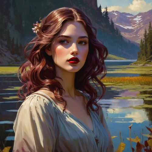 girl on the river,fantasy portrait,romantic portrait,world digital painting,mystical portrait of a girl,digital painting,portrait background,landscape background,the blonde in the river,girl portrait,young woman,fantasy picture,portrait of a girl,fantasy art,rusalka,cg artwork,montana,rosa ' amber cover,romantic look,flora,Conceptual Art,Fantasy,Fantasy 18